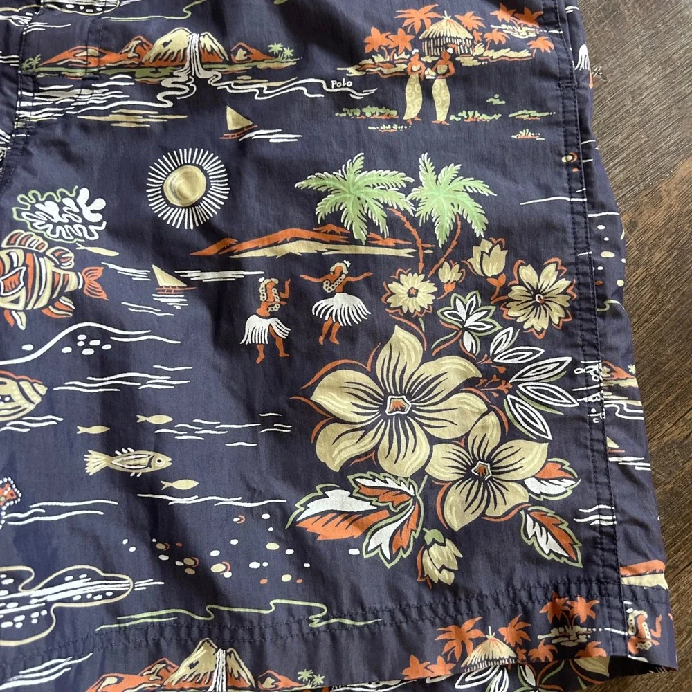 Vintage Polo Sport‎ Ralph Lauren Hawaiian Print Swim Trunks Navy Blue Mens XL
